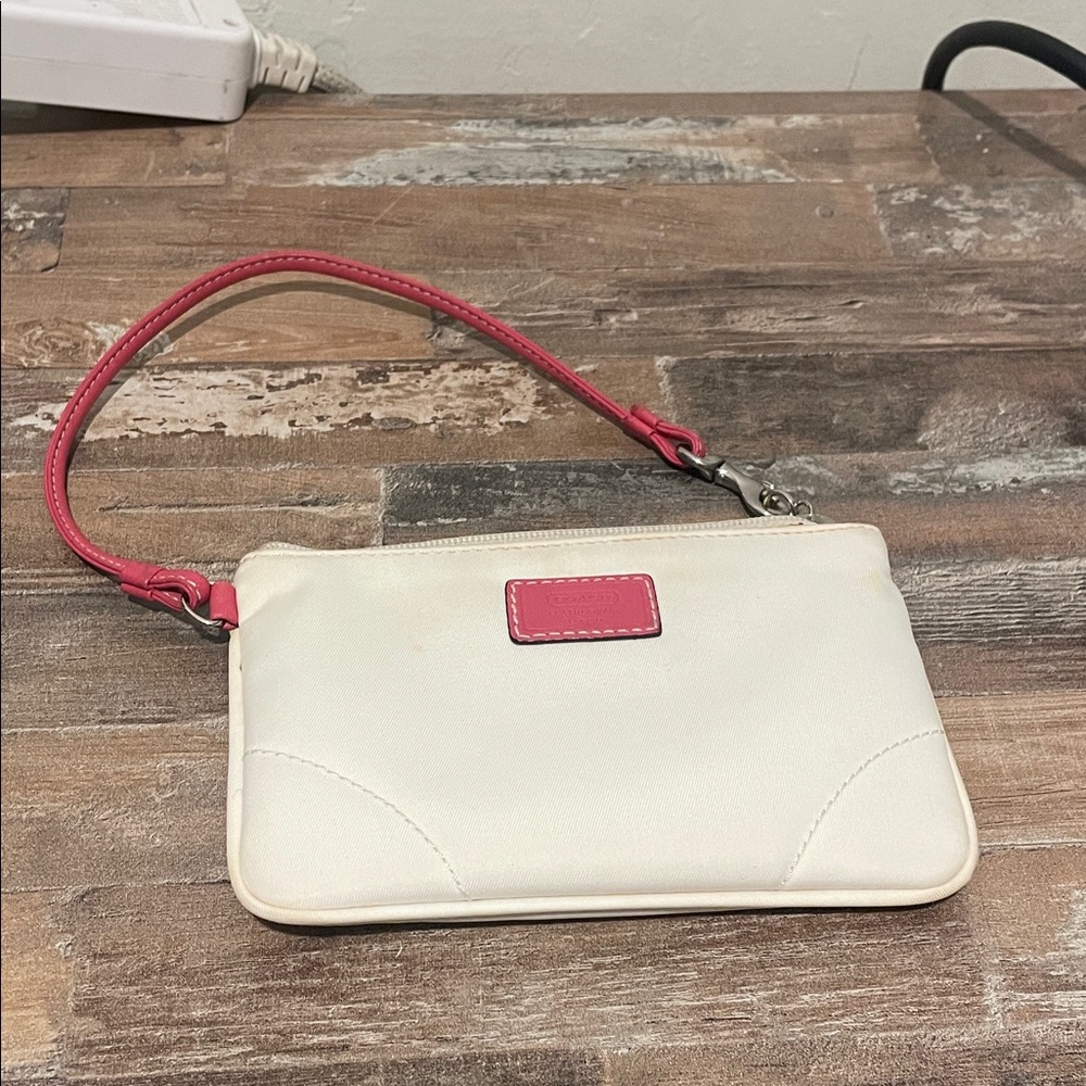 Coach White and Pink Women's Wristlet, fabric and pink leather